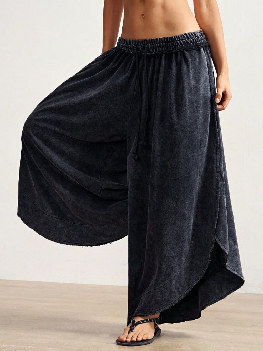 Black Casual Women's Knit Loose Washed Wide Leg Long Pants